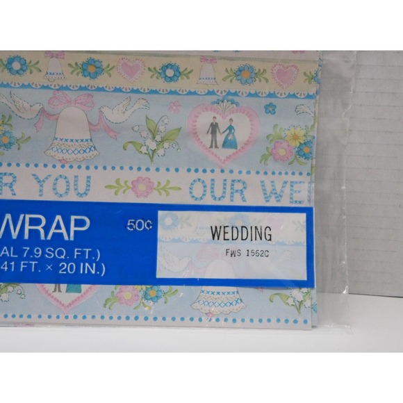 Vtg Wedding Gift Wrapping Paper 2 Sheets 7.9 Sq. Ft. Hearts Bells Doves - Picture 3 of 6
